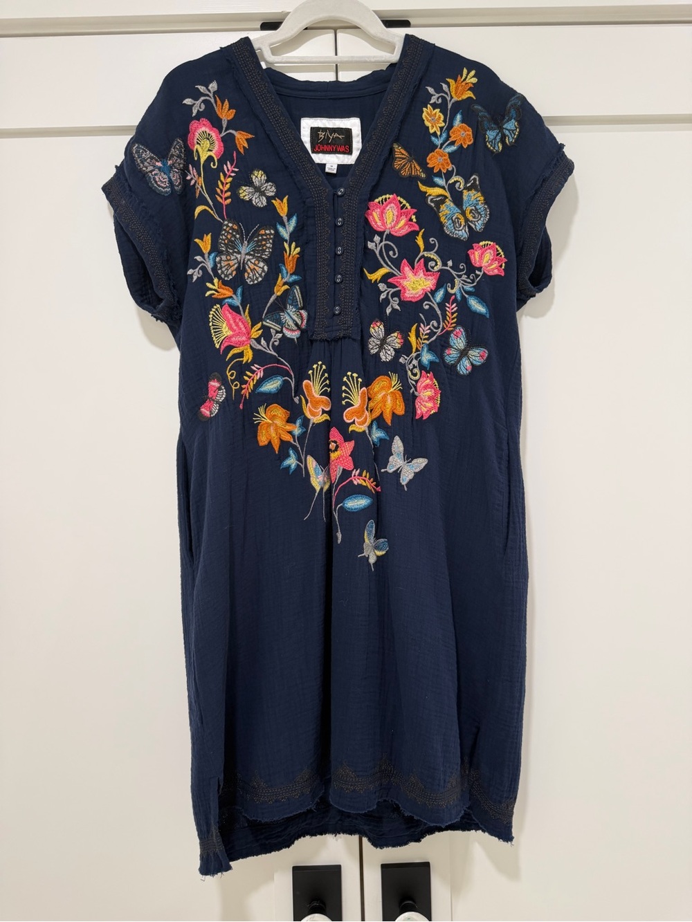 Johnny Was Biya Navy Embroidered Butterfly Floral Tunic Dress Medium - Picture 3 of 13